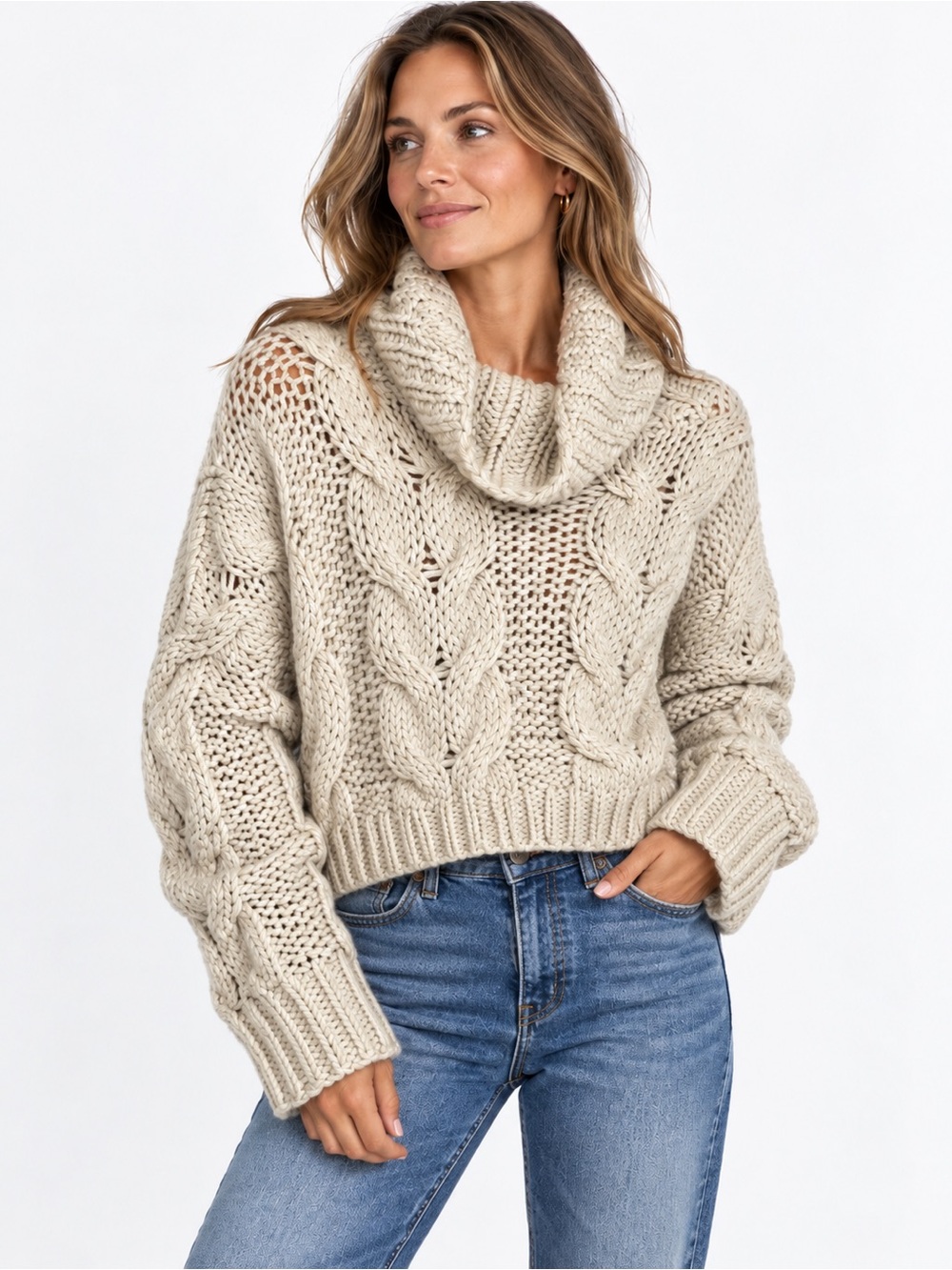 Vici Oversized Cozy Cable Knit Cowl Neck Sweater - Cream Small